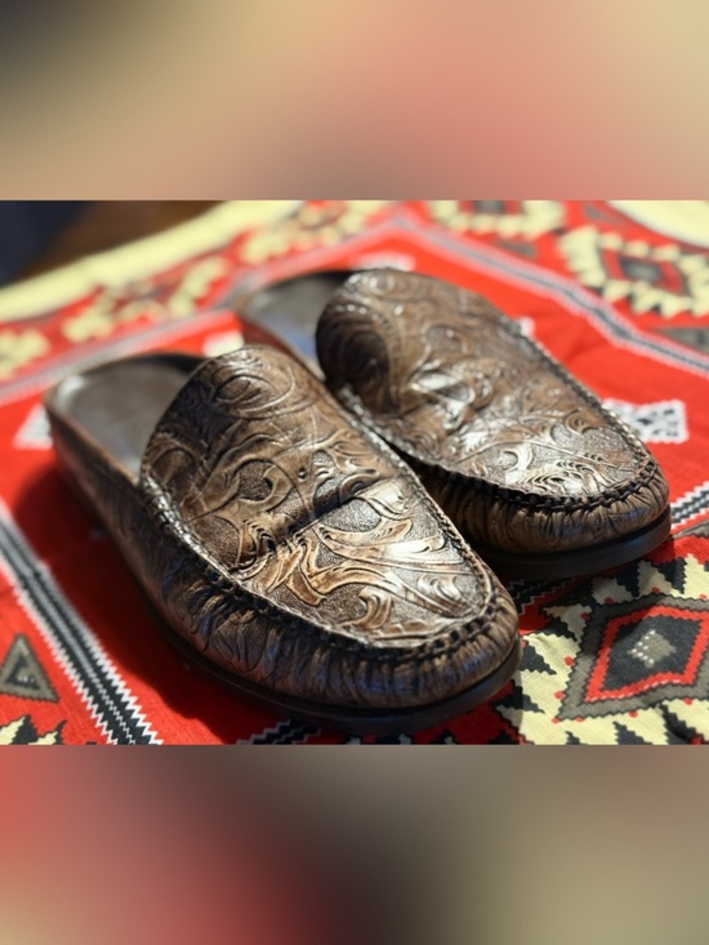 Cole Haan Tooled Leather Mule Loafers Western Boho Clogs Size 6.5B